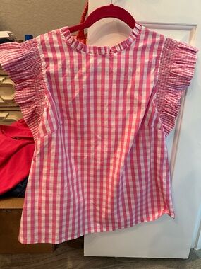 Girls Pink Gingham Ruffle Sleeve Top